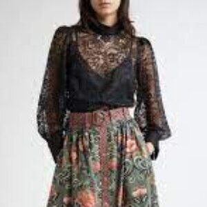 Farm Rio Black Long Balloon Sleeve Lace Top XS